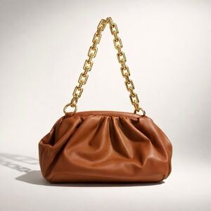 Brown Faux Leather Gold Chain Shoulder Bag Lip Closure‎ Small Purse